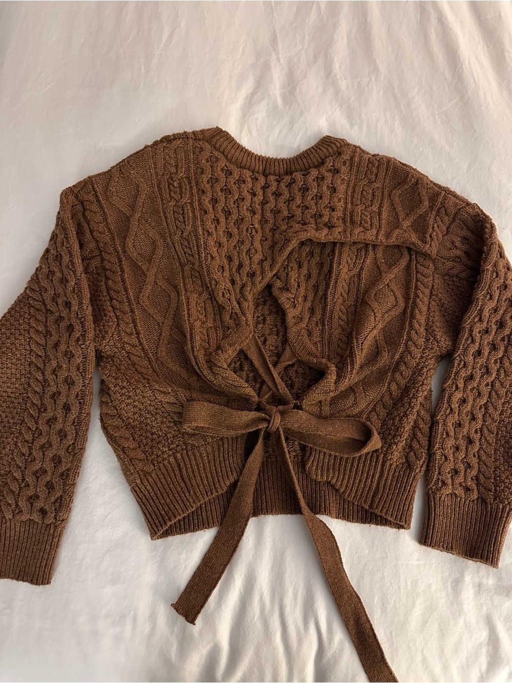 Not your ordinary Brown Cable-Knit Crewneck Sweater with tie up the back - Picture 3 of 3